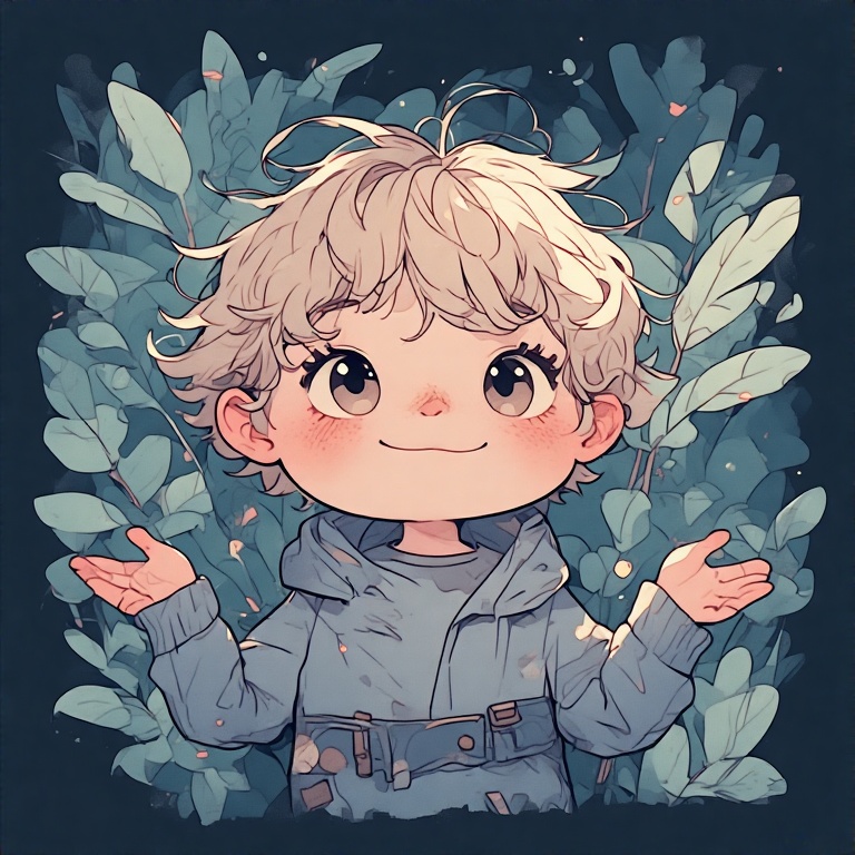 A little boy with blonde hair and blue eyes stands in front of vibrant green leaves, smiling at the camera.