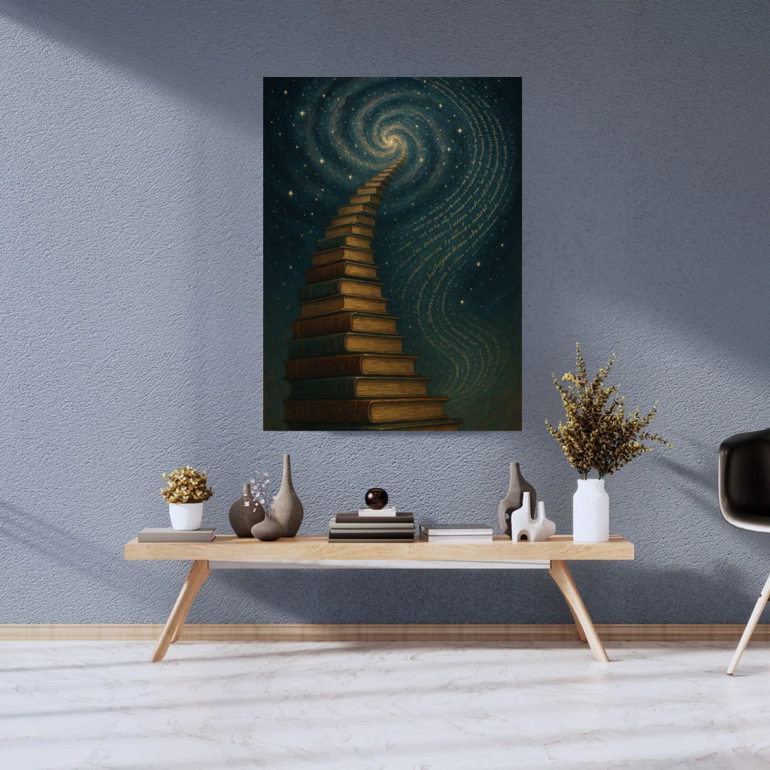 galaxy wall art, surreal book art, bookshelf staircase, cosmic art print, book lover gift, fantasy artwork, dreamscape wall decor, stars and books poster, digital wall art, printable wall art, staircase to galaxy, celestial illustration, galaxy decor, mys