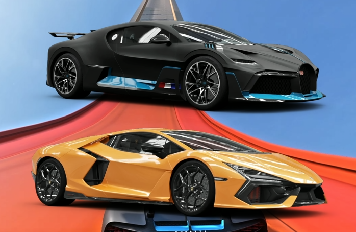 Bugatti Divo and Lamborghini Revuelto competing side-by-side in Forza Horizon 5 during intense performance tests including jump, brake, and extreme challenges.