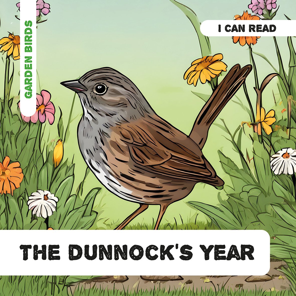 Front cover of The Dunnock’s Year, a nonfiction phonics reader for children aged 5–7, showing a dunnock in the garden.