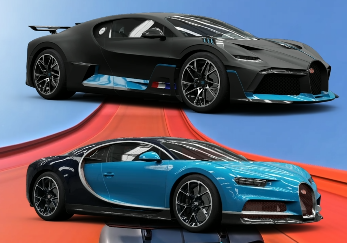 Bugatti Divo and Bugatti Chiron going head-to-head in Forza Horizon 5 during performance challenges like jump, brake, and extreme tests.