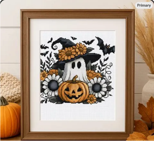 Spooky Cute Ghost with Pumpkin & Flowers - Halloween Cross Stitch ...