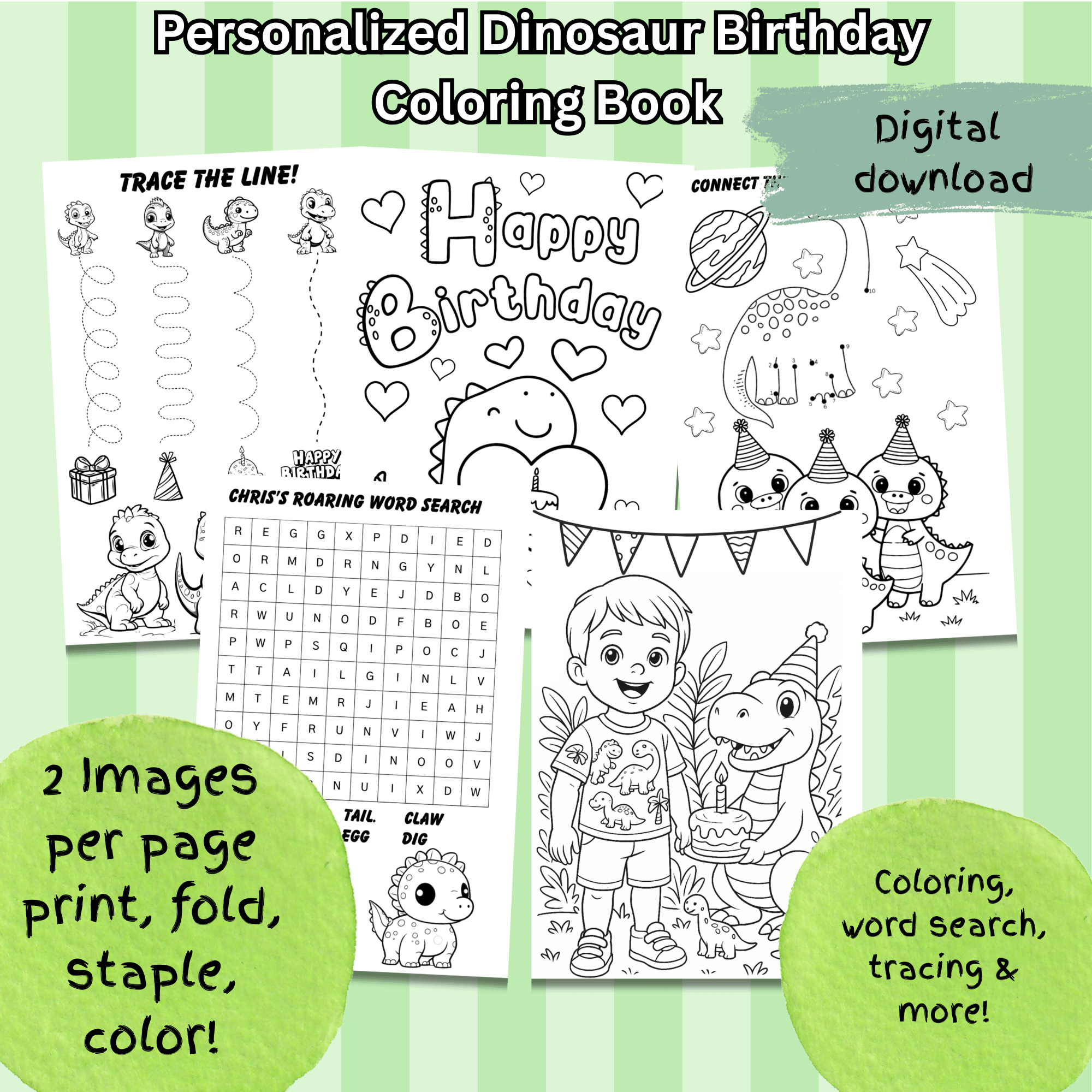 Custom Birthday Dinosaur Coloring Book – Personalized Activity Pages ...