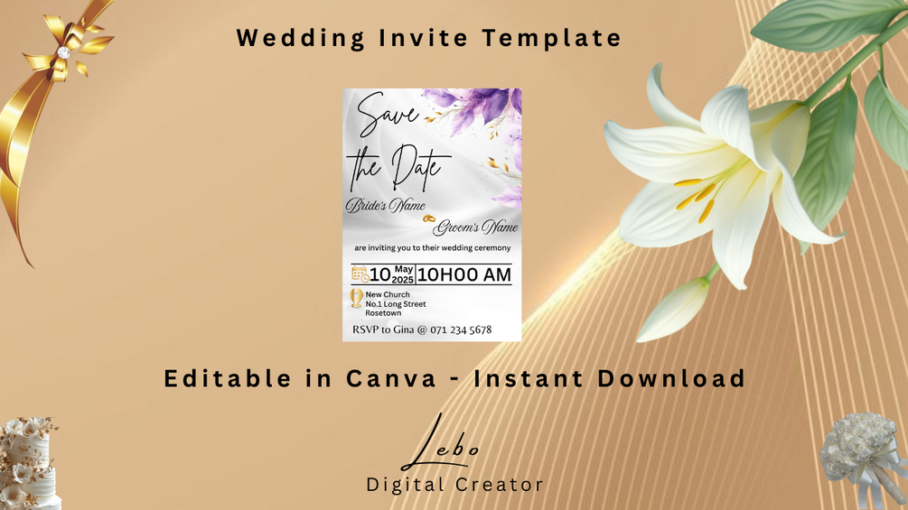 Romantic wedding invitation with elegant purple accents and sophisticated floral details.