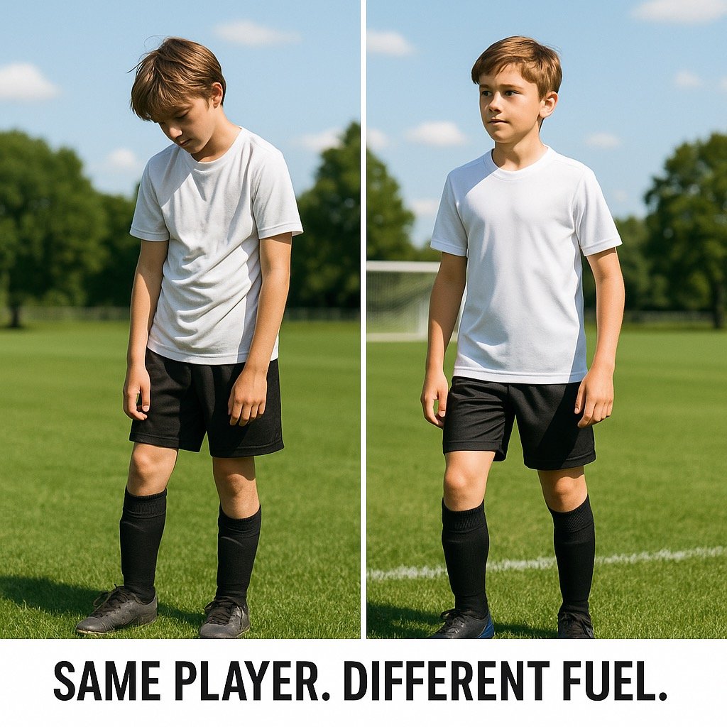 A split-screen graphic of a tired player slouched vs. an alert player scanning the field — with the caption: “Same player. Different fuel