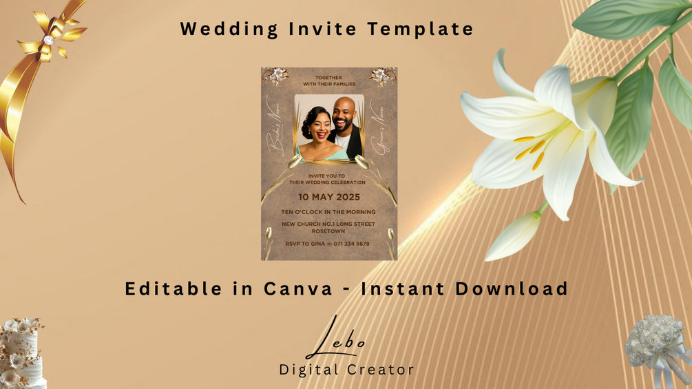 Elegant gold wedding invitation featuring refined details and a romantic golden glow - ideal for classy, love-filled celebration.