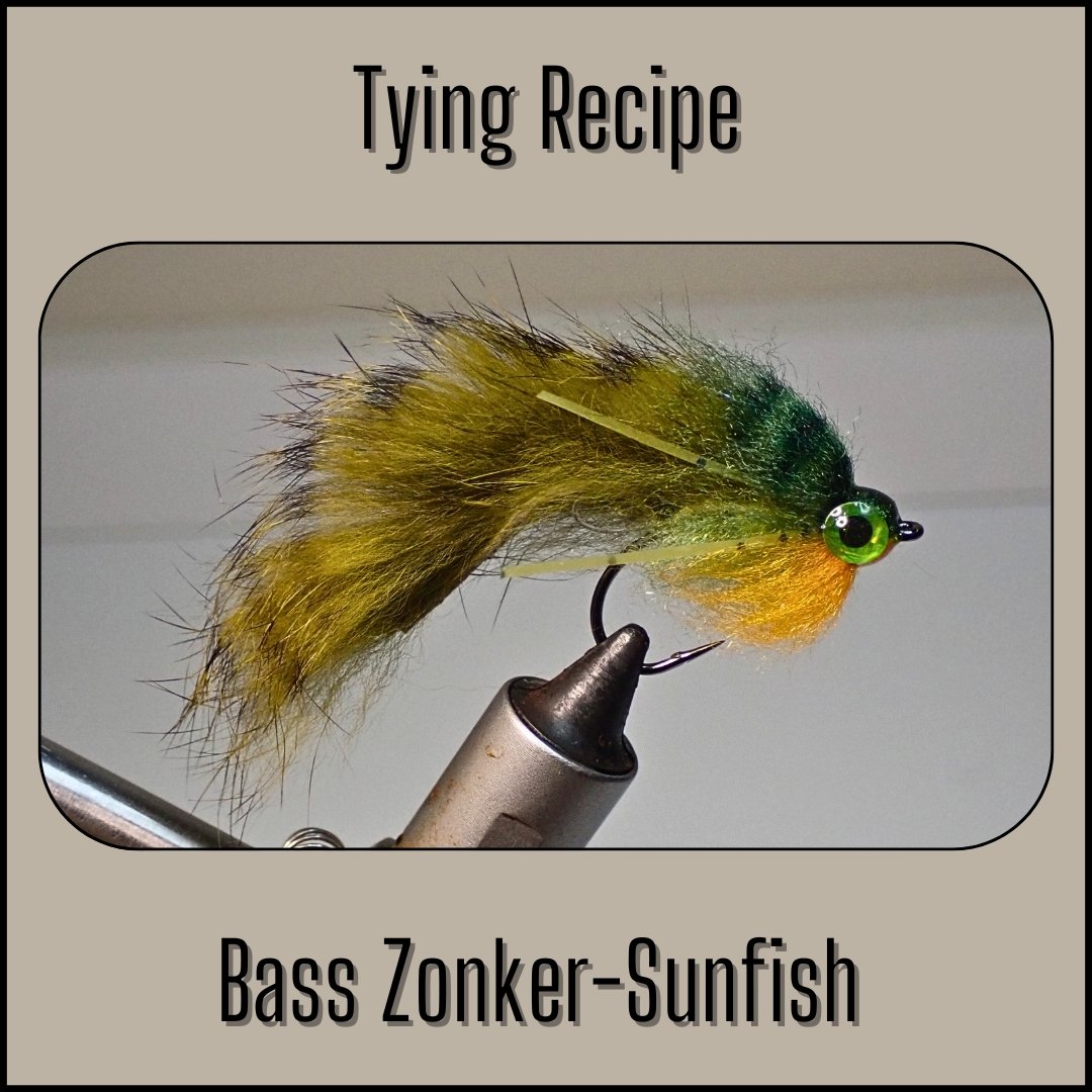 Close-up of the Bass Zonker fly in sunfish colors, displayed for its tying recipe.