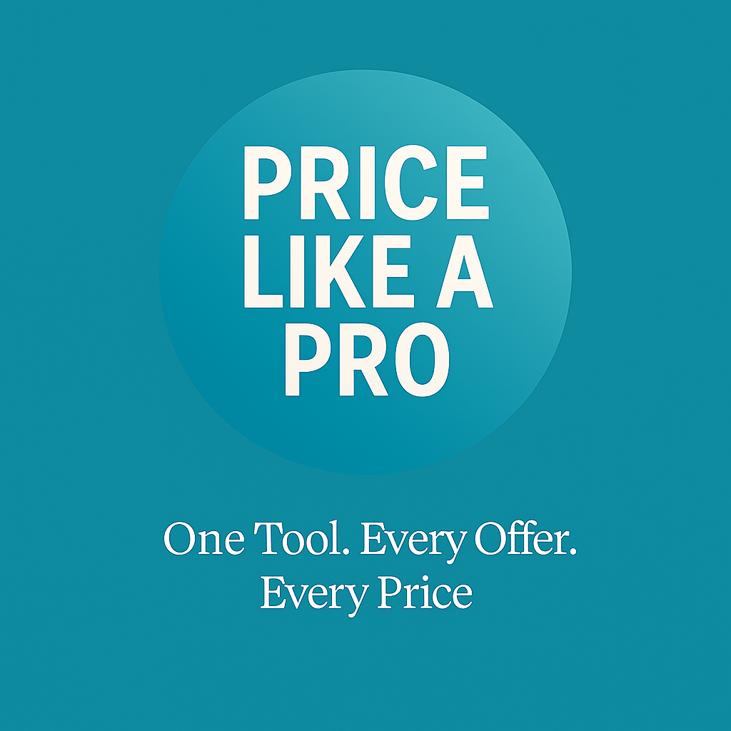 Price Like a Pro™ by Kath Pietersen – digital pricing tool cover for entrepreneurs, business leaders, freelancers, consultants, coaches, and product creators. Calculates what to charge for any offer, service, or package in any currency.