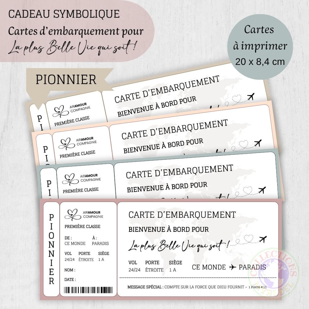 CADEAU PIONNIER JW - CARTES DEMBARQUEMENT SYMBOLIQUES à imprimer - 4 couleurs - Cadeau Service de Pionnier, Ecole des Pionniers - La plus belle vie qui soit !