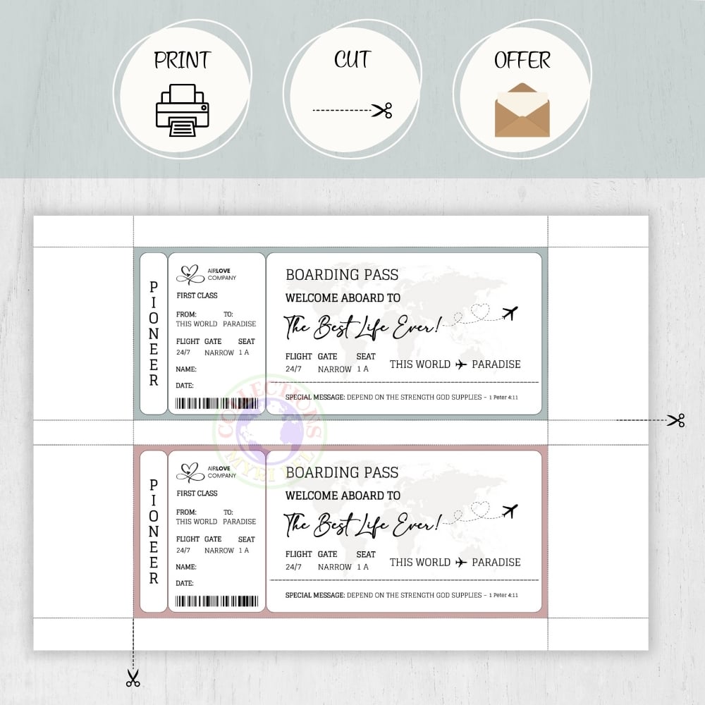 JW PIONEER GIFT - SYMBOLIC BOARDING PASS CARDS - 4 colors - Pioneer Service Gift, Pioneer School - The Best Life Ever!