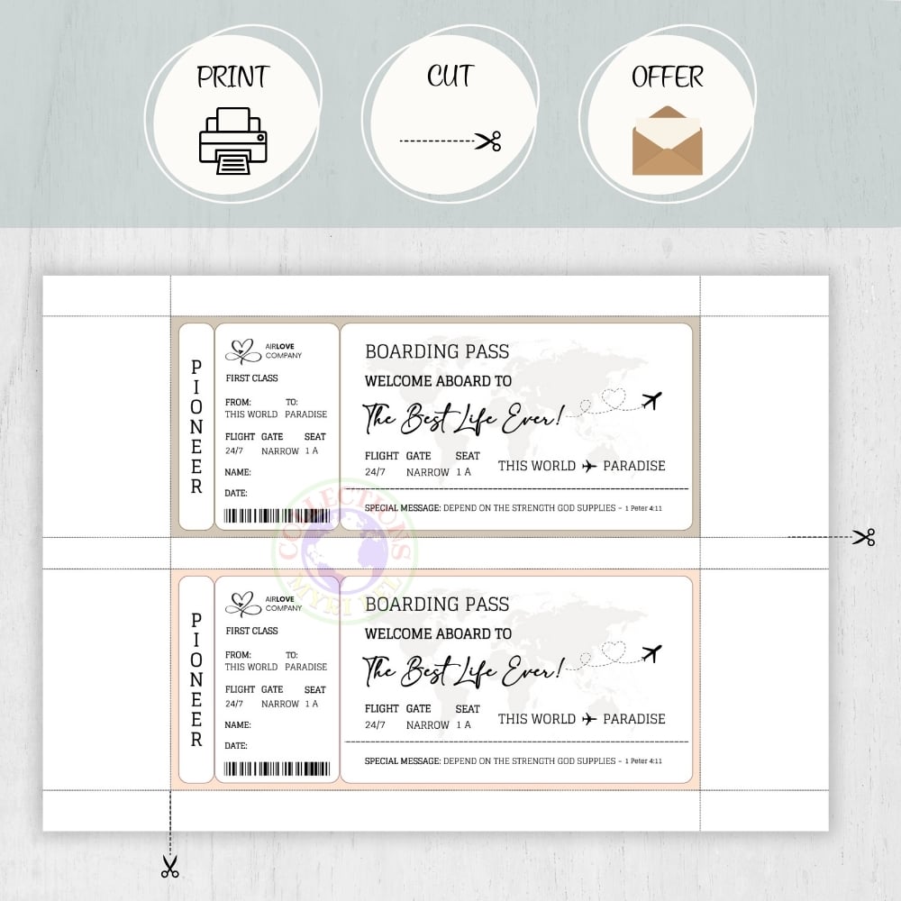 JW PIONEER GIFT - SYMBOLIC BOARDING PASS CARDS - 4 colors - Pioneer Service Gift, Pioneer School - The Best Life Ever!