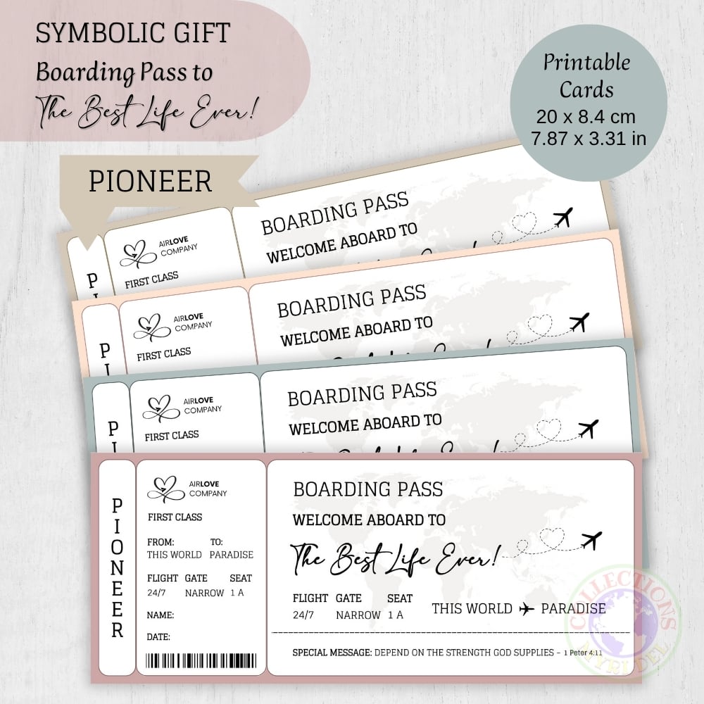JW PIONEER GIFT - SYMBOLIC BOARDING PASS CARDS - 4 colors - Pioneer Service Gift, Pioneer School - The Best Life Ever!