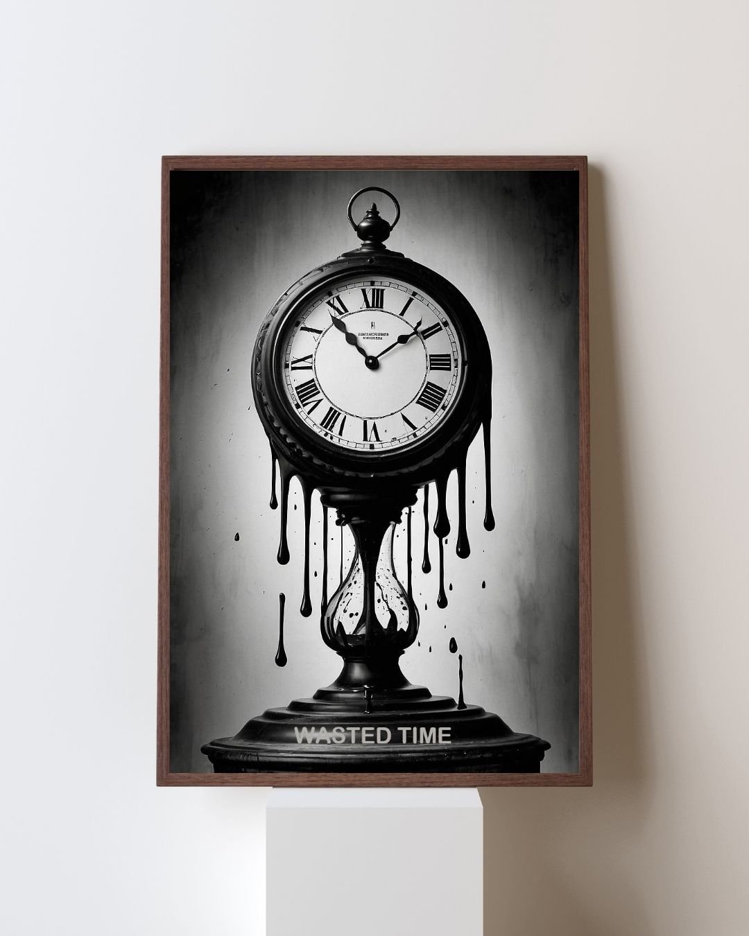 Surreal black and white artwork of a melting clock dripping like liquid, blending into an hourglass with the words “WASTED TIME” below. Symbolic image representing lost moments, time decay, and the fleeting nature of life. Perfect for wall art, home décor