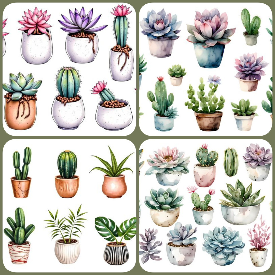 Succulent themed stickers, cacti themed pngs, succulents for scrapbooking, cacti junk journaling, succulent cacti fussy cuts, vintage cacti, antique paper