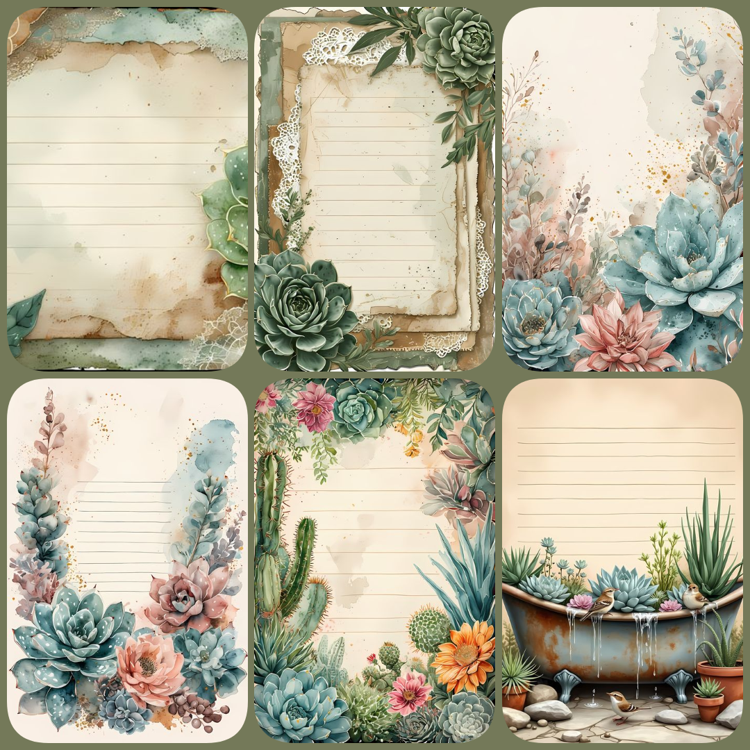 Succulent themed stickers, cacti themed pngs, succulents for scrapbooking, cacti junk journaling, succulent cacti fussy cuts, vintage cacti, antique paper