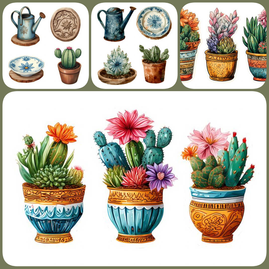 Succulent themed stickers, cacti themed pngs, succulents for scrapbooking, cacti junk journaling, succulent cacti fussy cuts, vintage cacti, antique paper