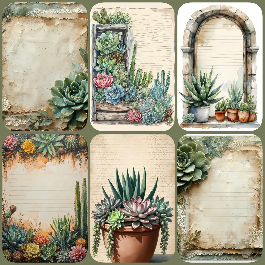 Succulent themed stickers, cacti themed pngs, succulents for scrapbooking, cacti junk journaling, succulent cacti fussy cuts, vintage cacti, antique paper