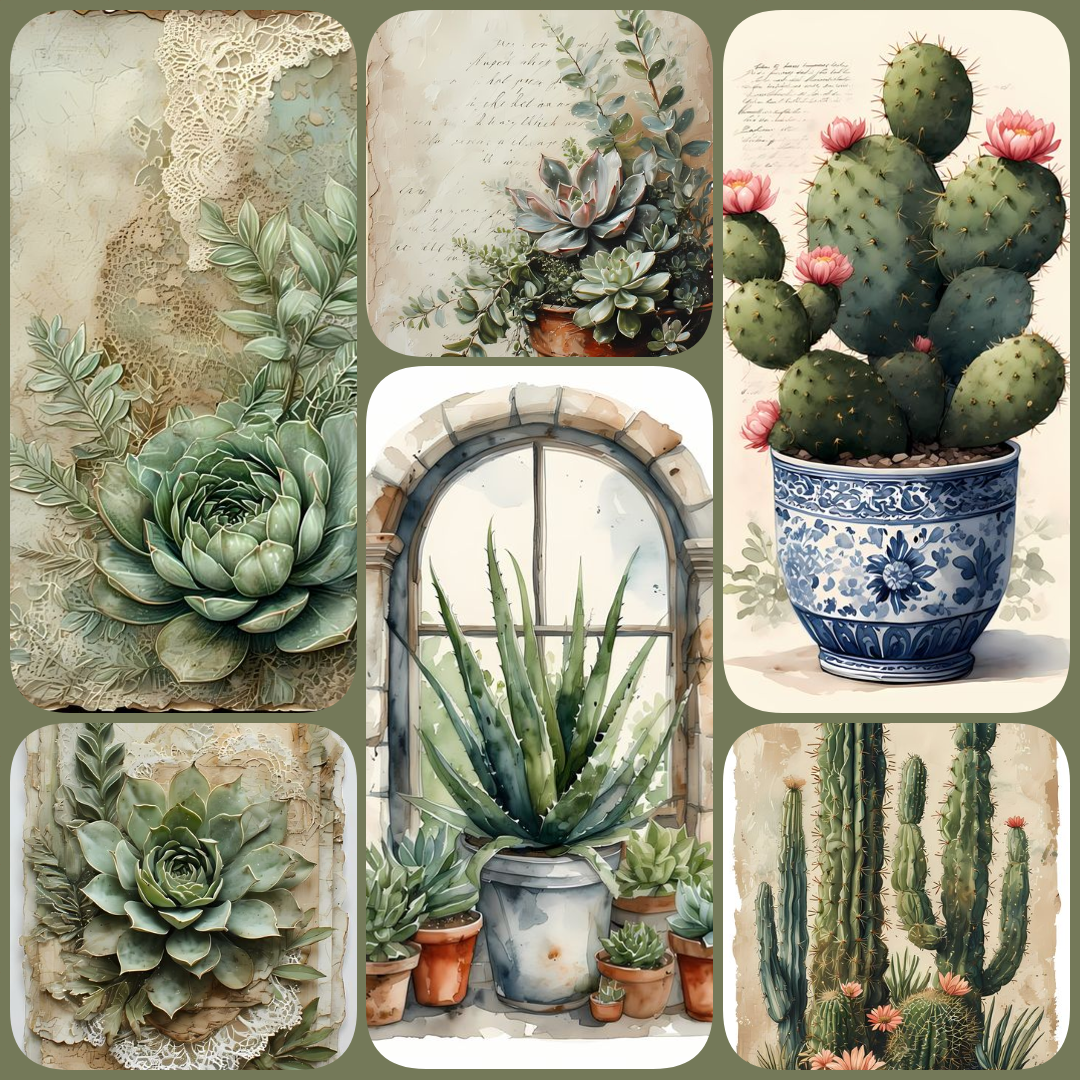Succulent themed stickers, cacti themed pngs, succulents for scrapbooking, cacti junk journaling, succulent cacti fussy cuts, vintage cacti, antique paper