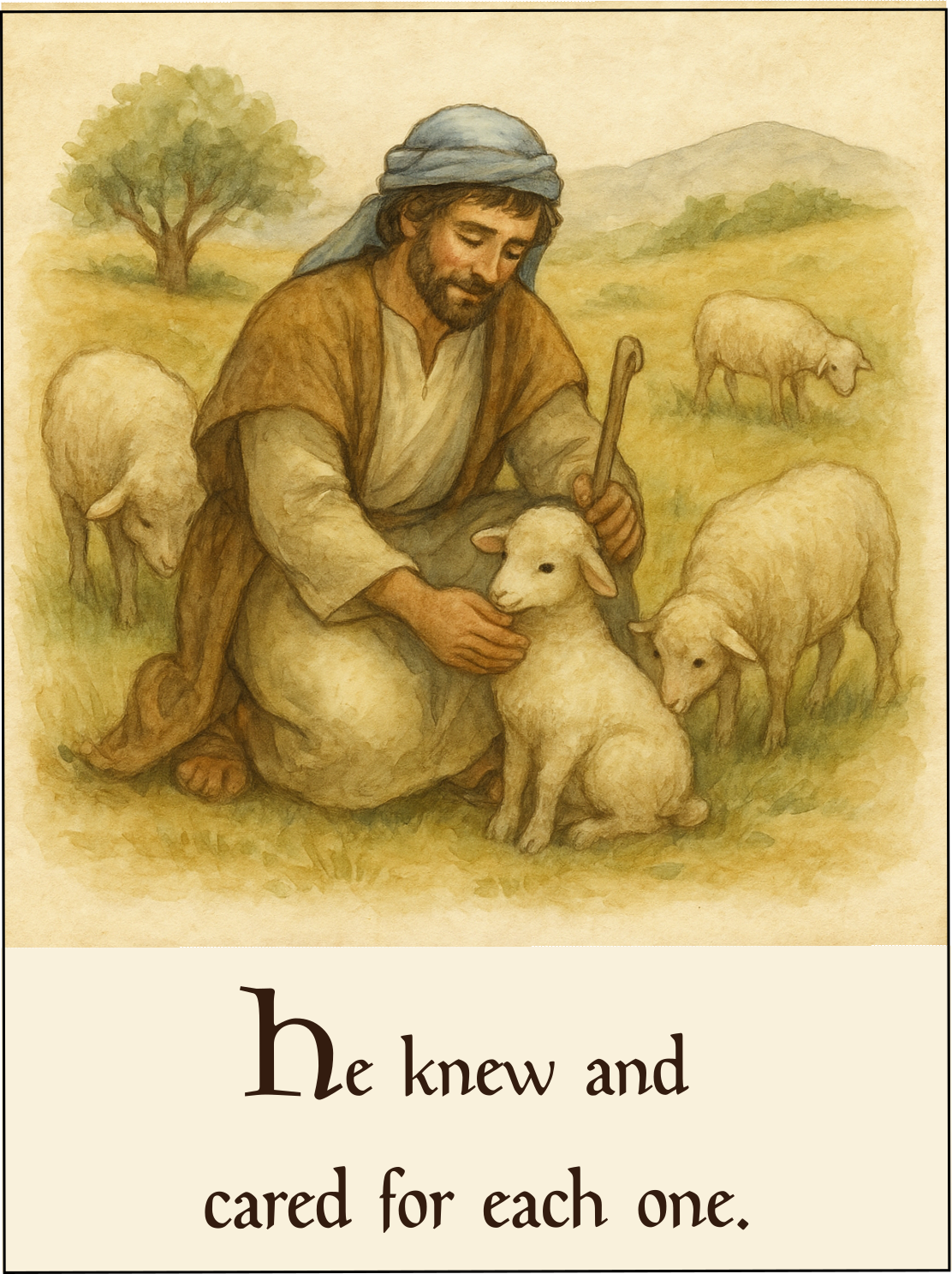 Watercolor cards showing scenes from the Lost Sheep parable – great for preschool Bible storytelling and early reading comprehension