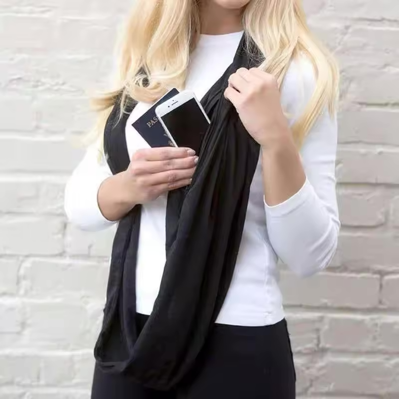 Women Infinity Loop Scarf with Hidden Zipper Pocket Travel Scarf Solid Color Neck Wrap Suitable for Daily Traveling Storage
