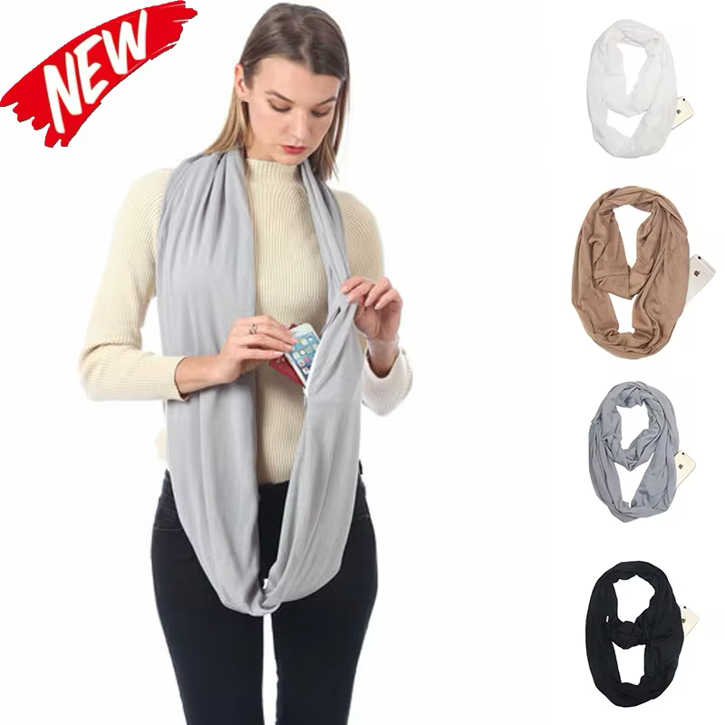 Women Infinity Loop Scarf with Hidden Zipper Pocket Travel Scarf Solid Color Neck Wrap Suitable for Daily Traveling Storage