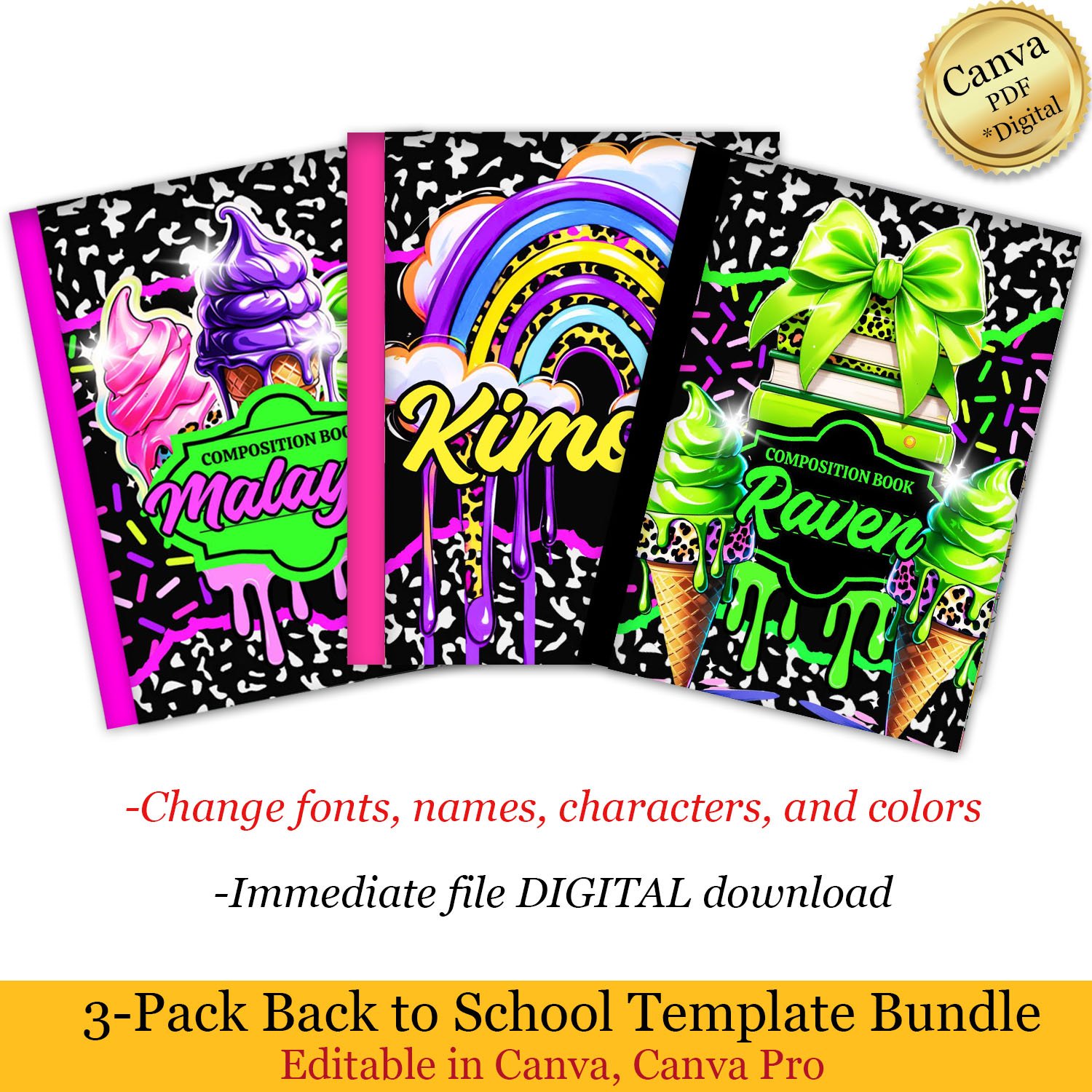 3 Pack Pretty Composition Notebook Cover Template Bundle 1, Digital ...