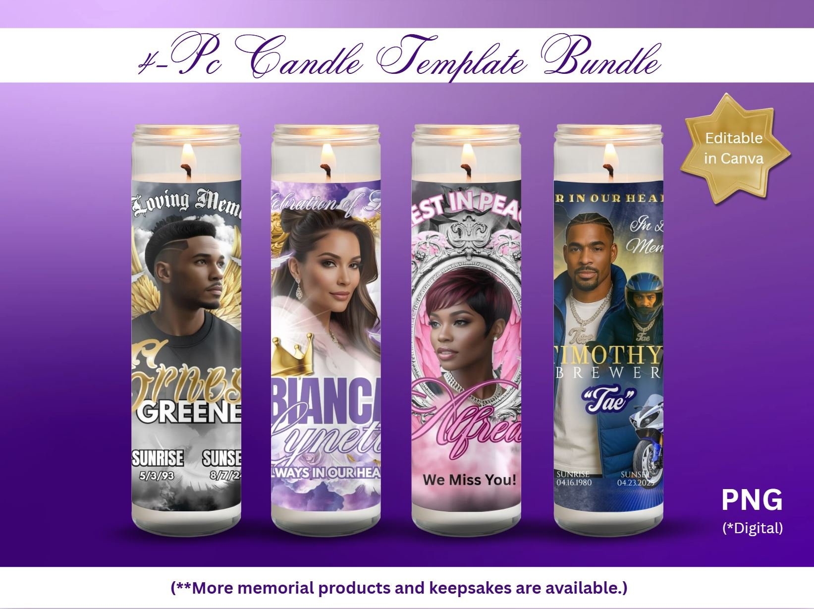 4-PC Memorial Candles Template Bundle, Heavenly, RIP, Rest in Peace ...