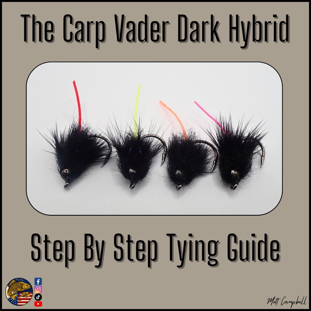 Close-up of Carp Vader Dark Hybrid carp flies, displayed together, featured in Matt Campbell’s step by step fly tying guide.