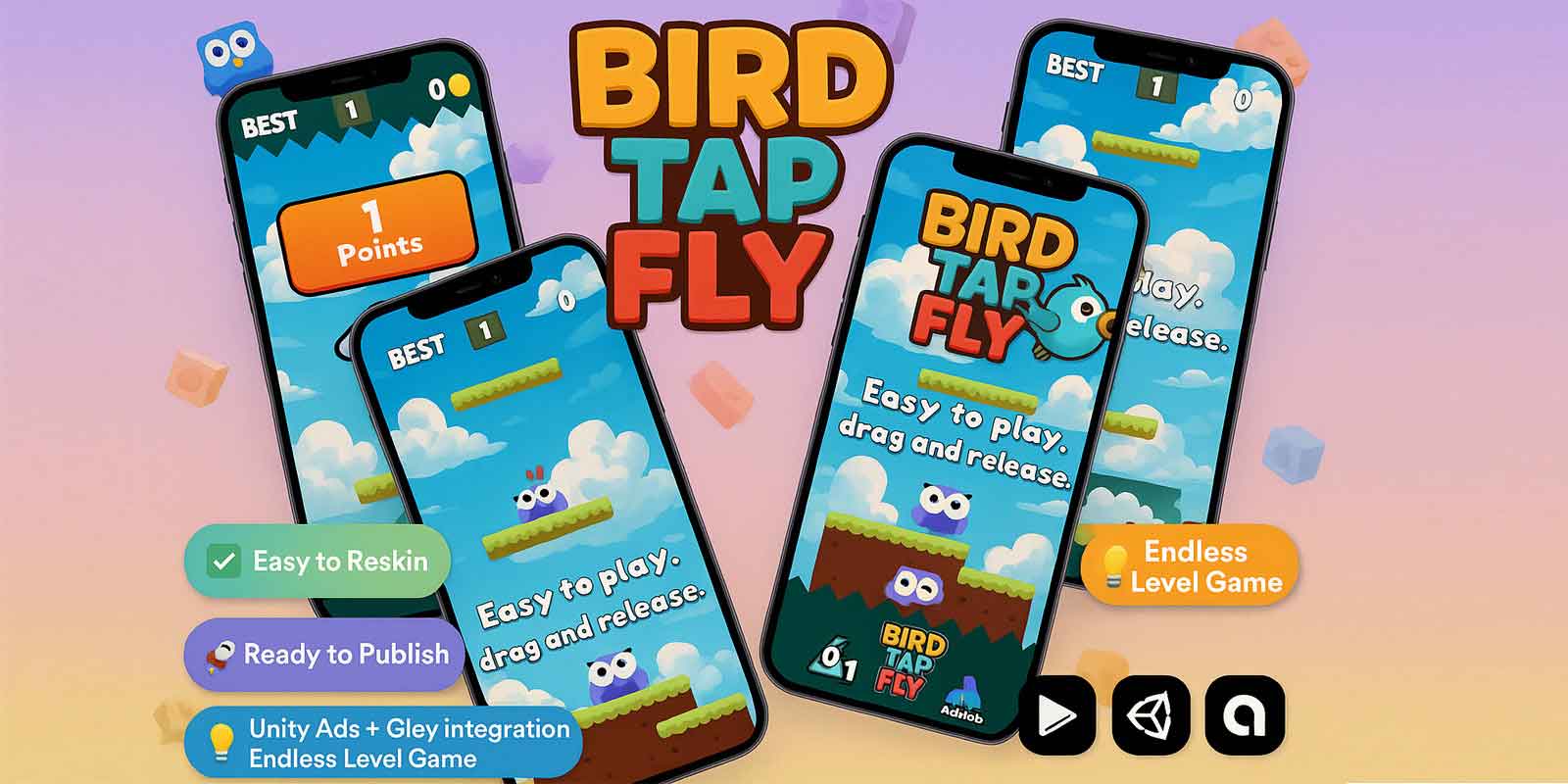 Bird Tap Fly Unity 2D Casual Game Template - Payhip