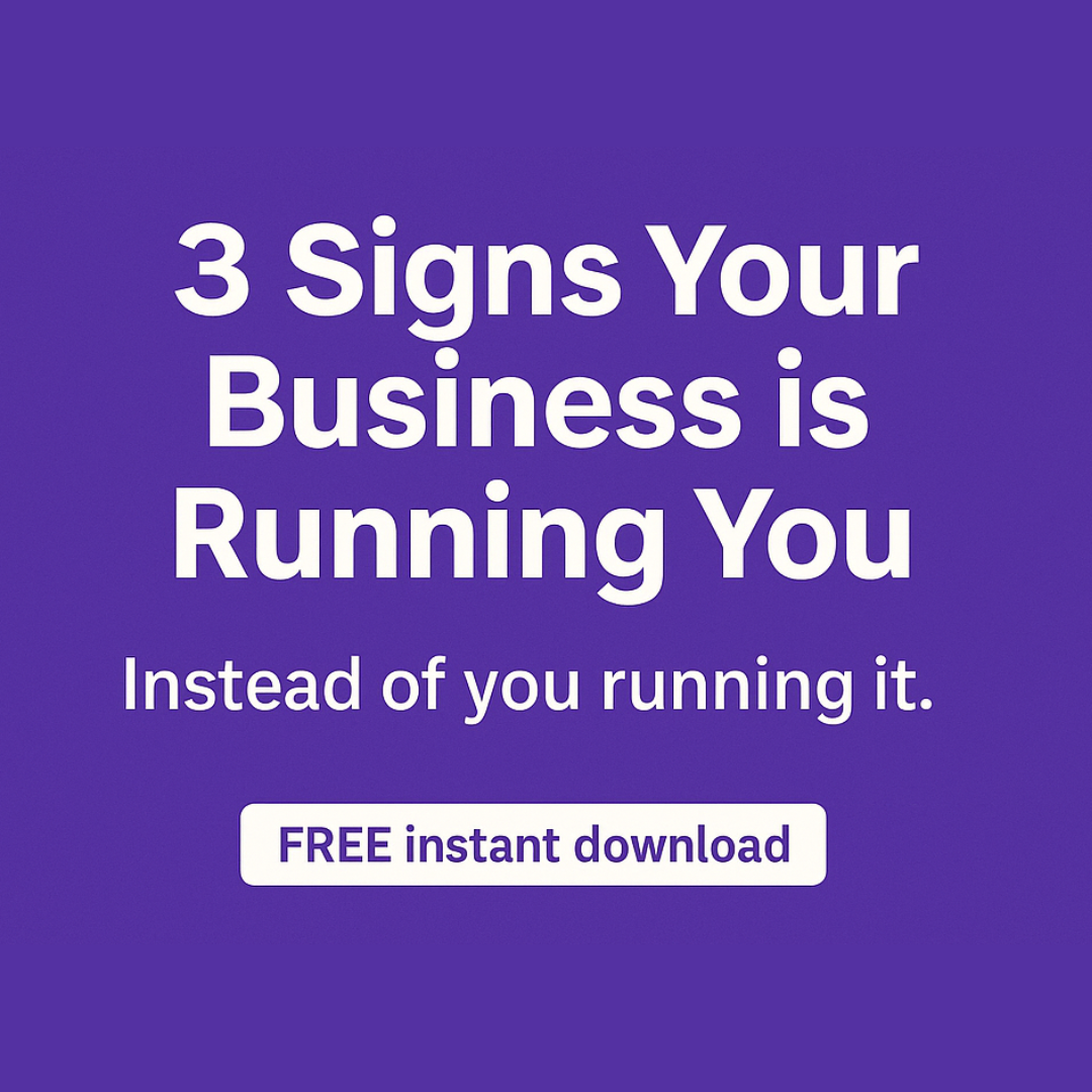 Bold purple square graphic with centered white text that reads: “3 Signs Your Business is Running You” and underneath it, “Instead of you running it.” A white button-style banner below says “FREE instant download.” Clean, minimalist style designed to capt