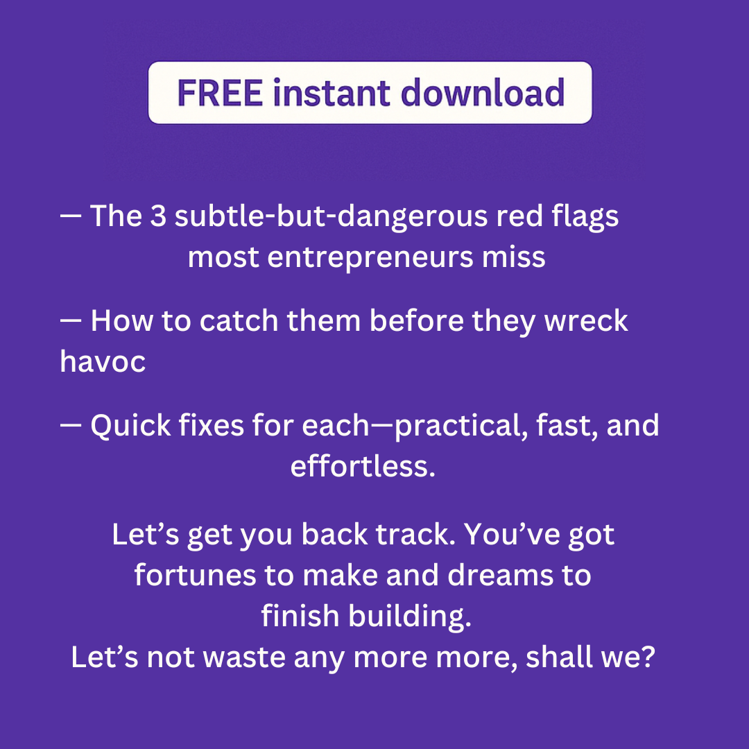 Purple background with white text that lists 3 key benefits of the PDF: red flags entrepreneurs miss, how to catch them early, and quick fixes. Ends with a bold encouragement: “Let’s get you back on track… Let’s not waste any more time, shall we?” Designe