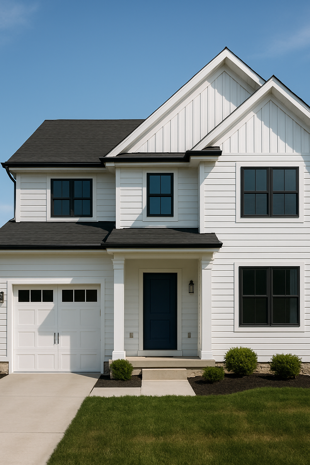 Eros Reclusion modern white two-story home with blue front door – real estate investing and property ownership