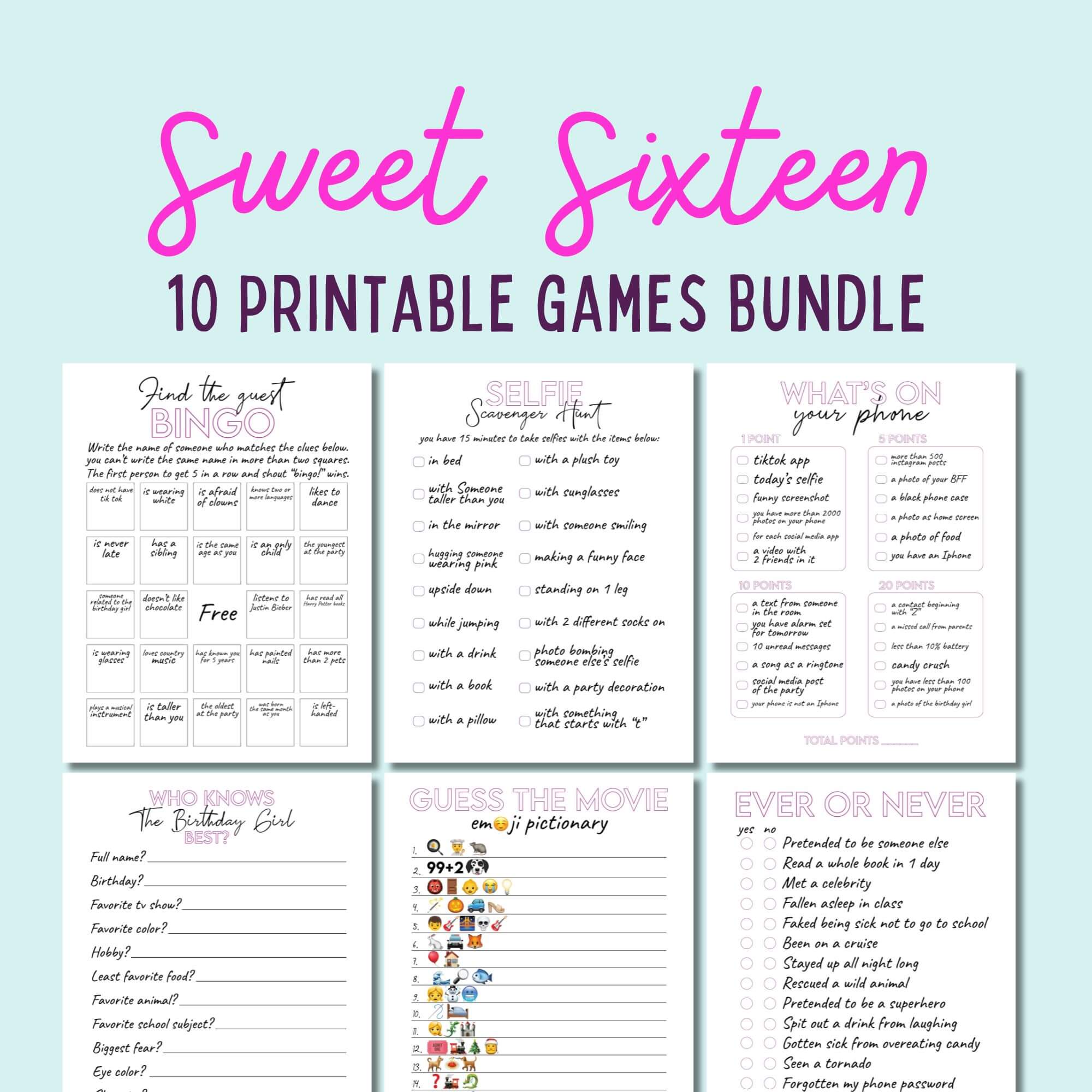 Sweet 16 Birthday Party Games Bundle for Teen Girls – Printable Fun