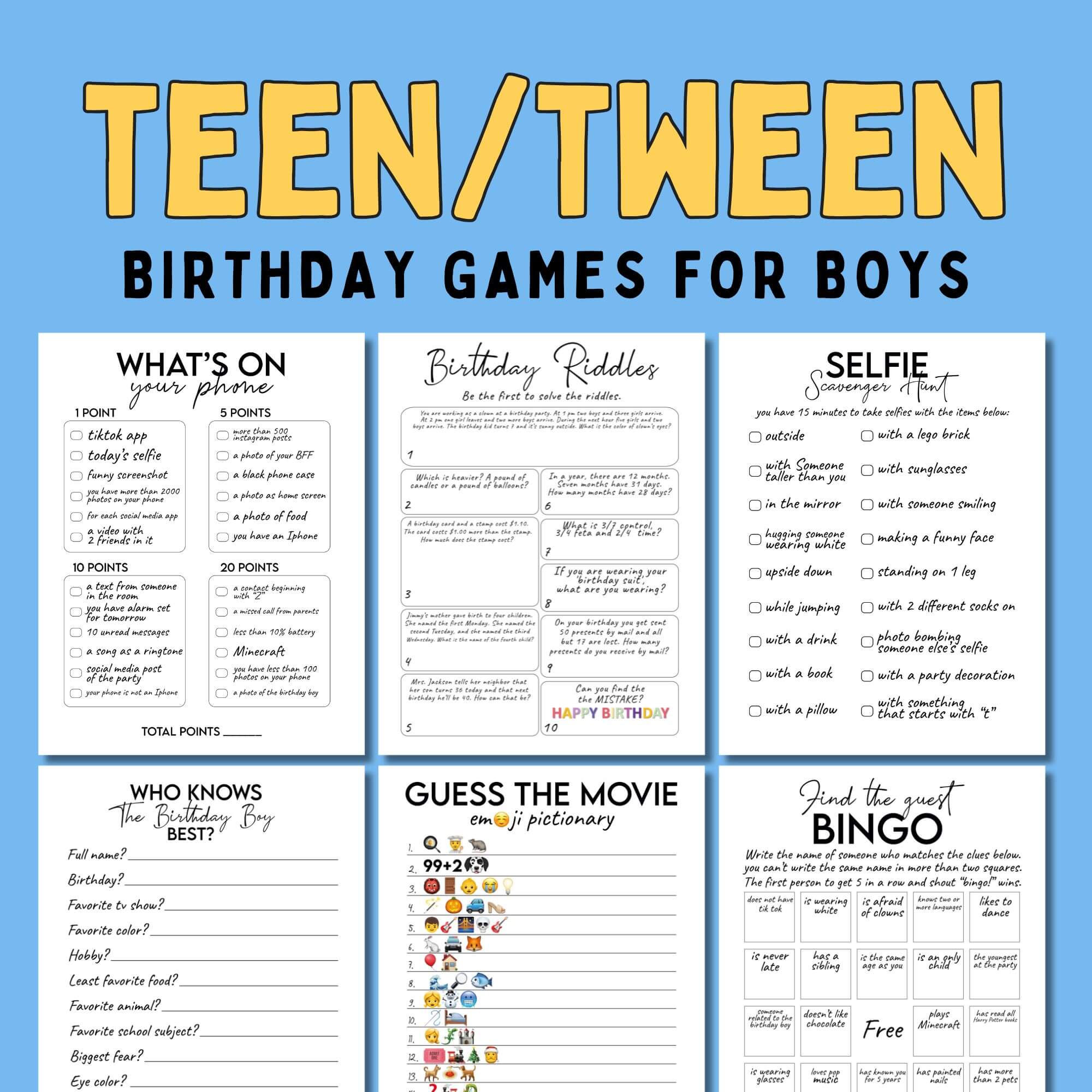 Sweet 16 Birthday Games for Boys – Printable Teen Party Games Bundle