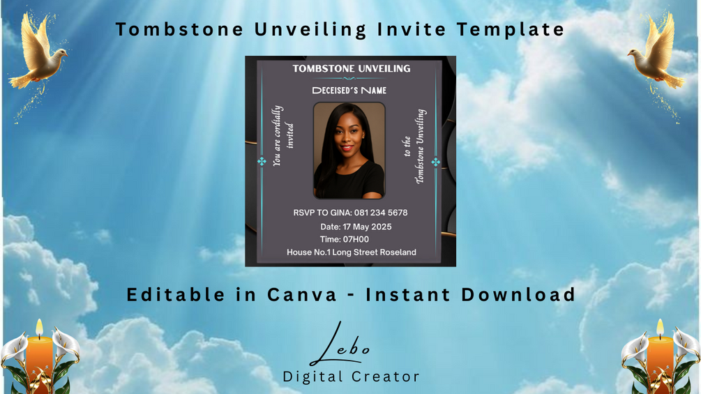 Graceful Tribute tombstone unveiling invitation with soft detailing and elegant fonts.