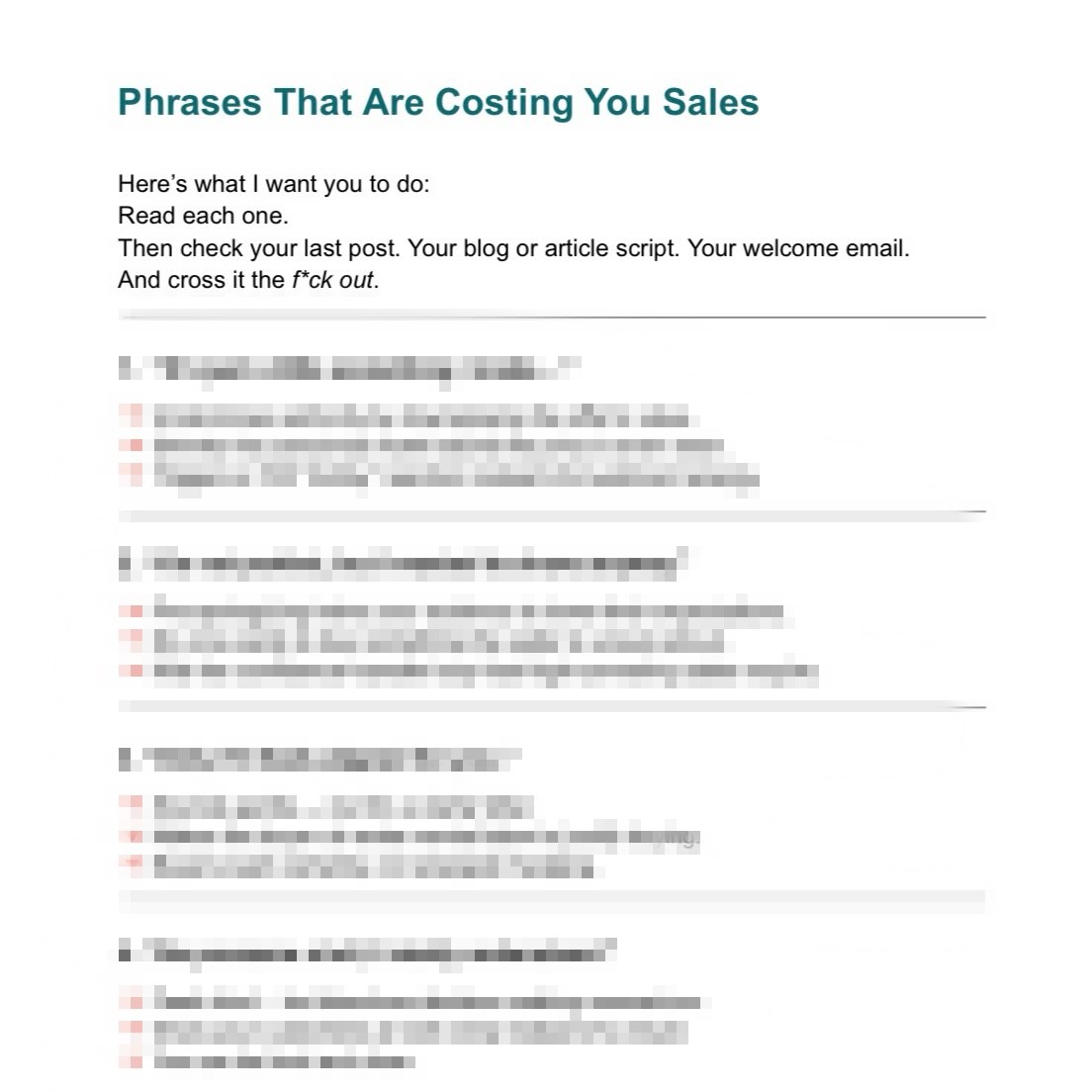 Sneak preview page from the bonus PDF included with Kath Pietersen’s Price Like a Pro™ digital tool. Titled “Phrases That Are Costing You Sales,” this real sales psychology resource helps entrepreneurs, coaches, freelancers, consultants, and service provi
