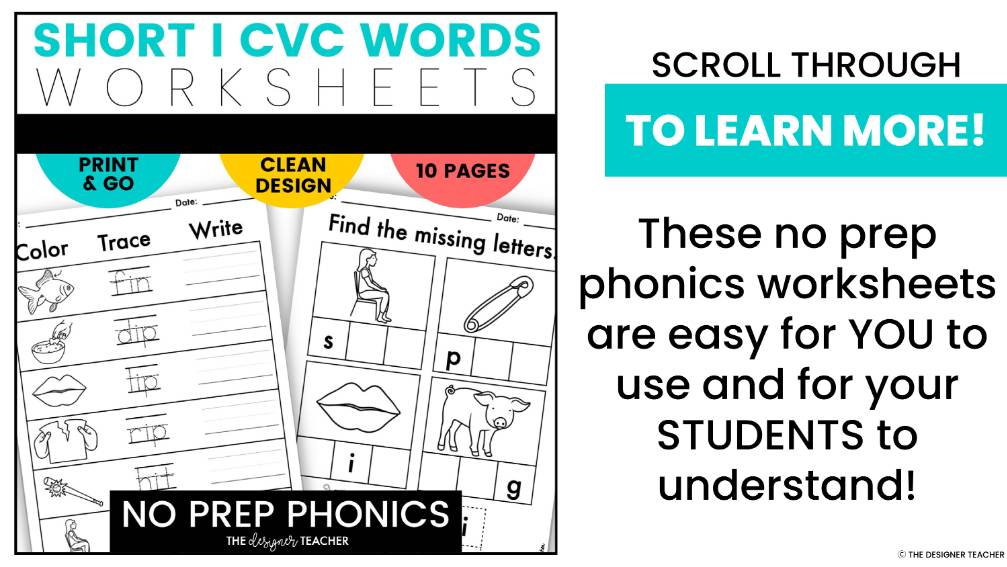 NO PREP Short I Worksheets CVC Word Work Short Vowel Phonics Activities