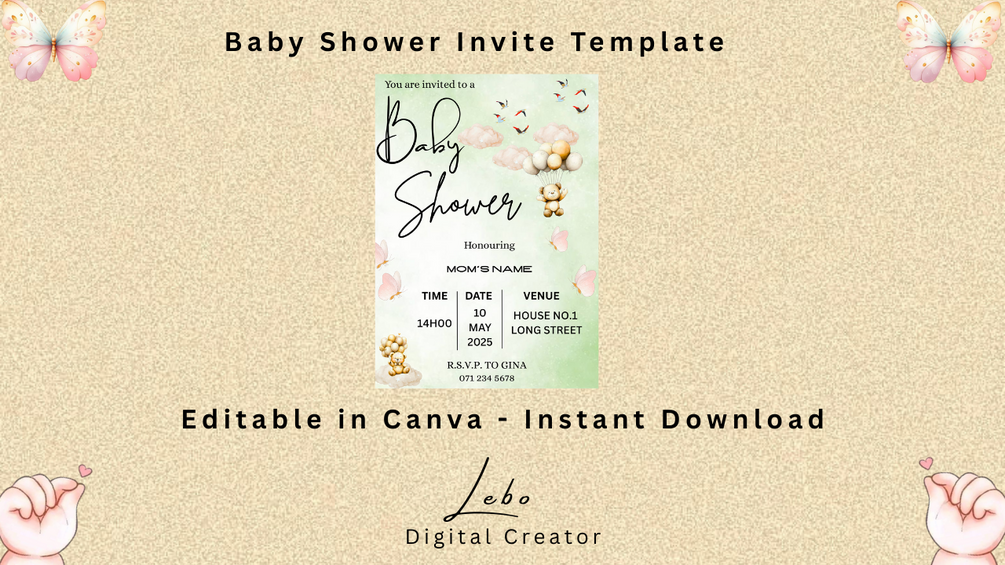 Soft pastel baby shower invite with clouds, butterflies, and flying birds for a serene theme.