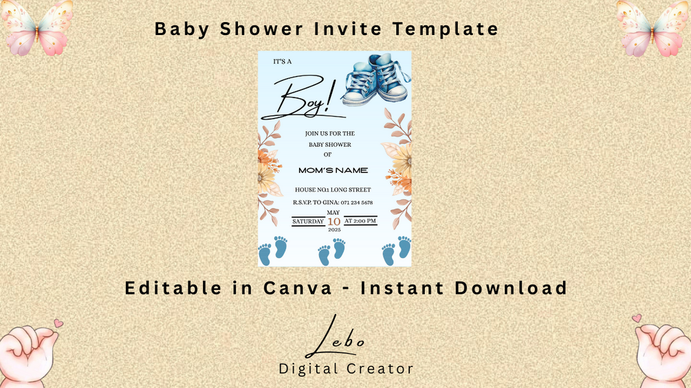 Blue baby shower invite with elegant elements for a boy’s celebration.