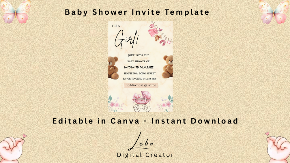 Pink baby girl shower invitation with elegant layout and delicate design.