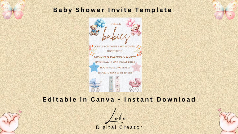 Sweet and stylish twin baby shower invite with double heart accents.