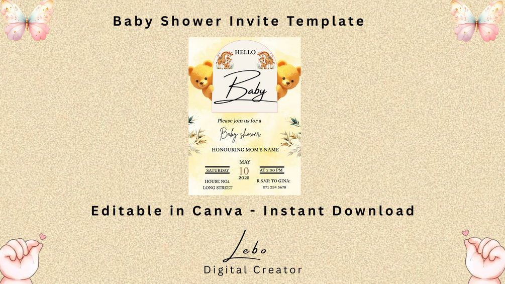 Adorable pastel baby shower invite with playful and lovable elements.
