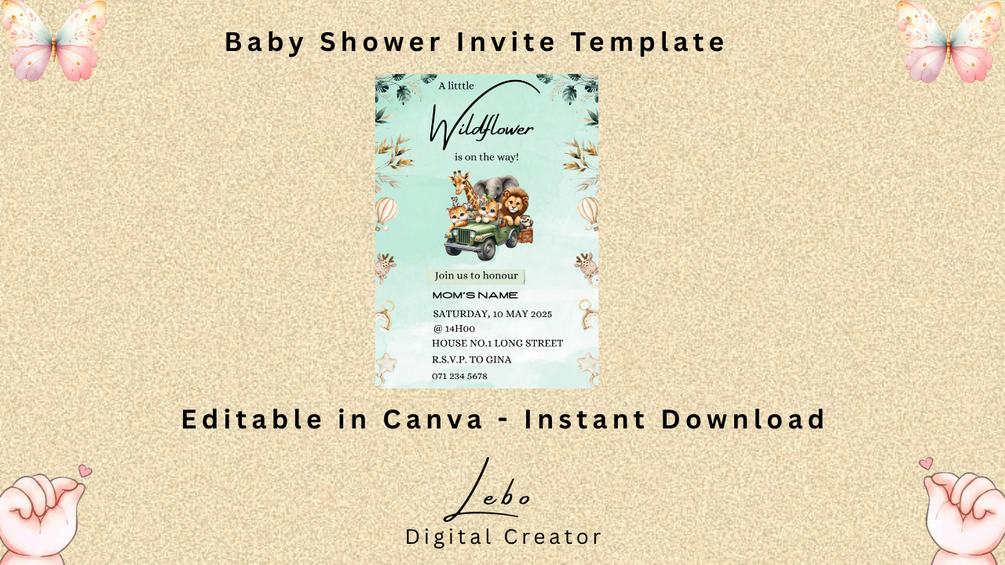 Baby shower invite with wild animals and sweet design, perfect for safari-inspired themes.