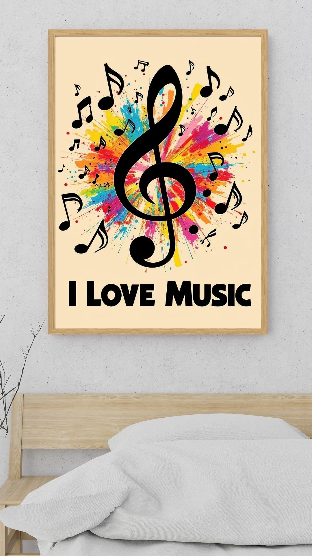 Vibrant music-themed artwork featuring a large black treble clef surrounded by colorful paint splashes and musical notes. The text “I LOVE MUSIC” appears below, expressing passion and joy for music. Perfect wall art for musicians, music lovers, studios, o