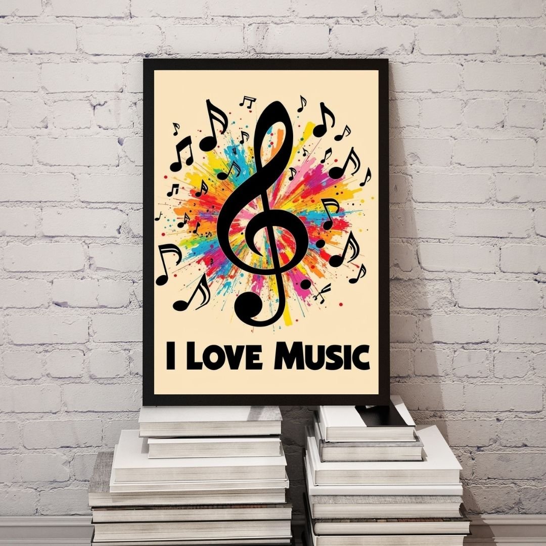 Vibrant music-themed artwork featuring a large black treble clef surrounded by colorful paint splashes and musical notes. The text “I LOVE MUSIC” appears below, expressing passion and joy for music. Perfect wall art for musicians, music lovers, studios, o