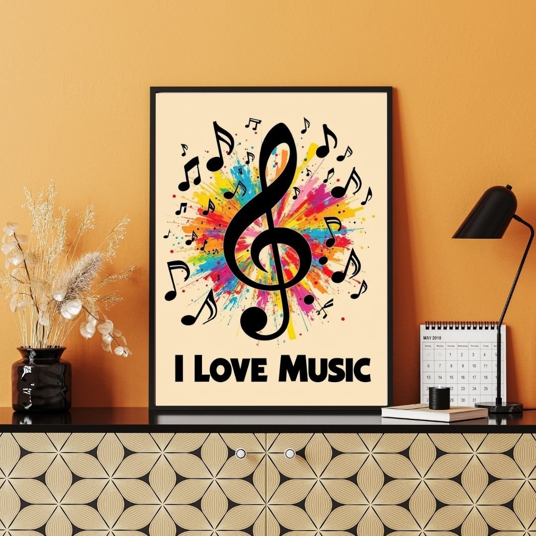 Vibrant music-themed artwork featuring a large black treble clef surrounded by colorful paint splashes and musical notes. The text “I LOVE MUSIC” appears below, expressing passion and joy for music. Perfect wall art for musicians, music lovers, studios, o