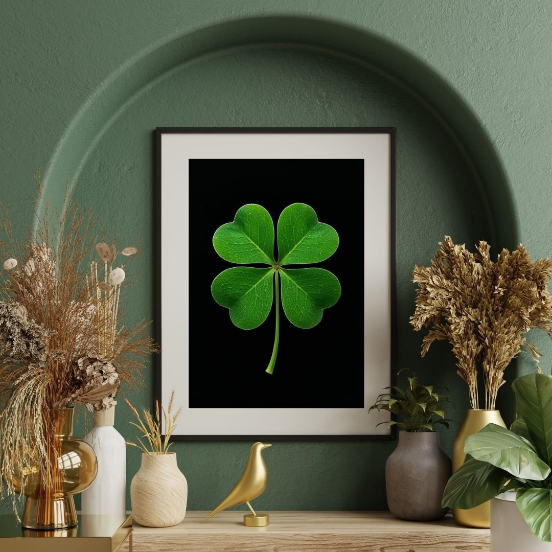 Close-up image of a vibrant green four-leaf clover on a black background. Symbol of luck, positivity, and good fortune. Minimalist nature-inspired design perfect for St. Patrick’s Day décor, good luck gifts, or botanical wall art.