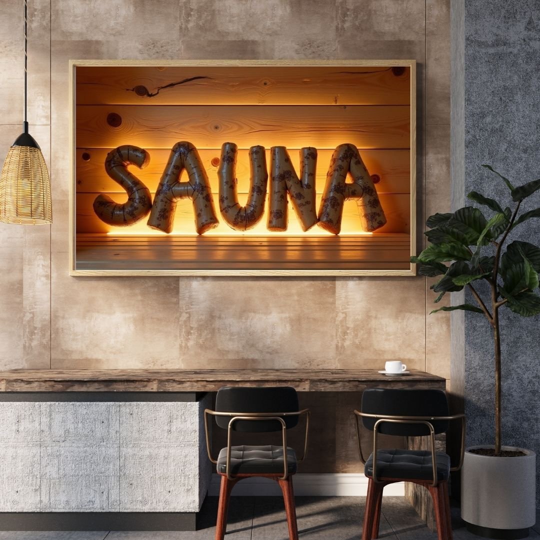 Warm and cozy sauna-themed photo featuring large 3D letters spelling “SAUNA” against a glowing wooden wall. The rustic wood texture and soft amber lighting create a relaxing Nordic atmosphere. Perfect for spa décor, Finnish sauna lovers, or wellness-inspi