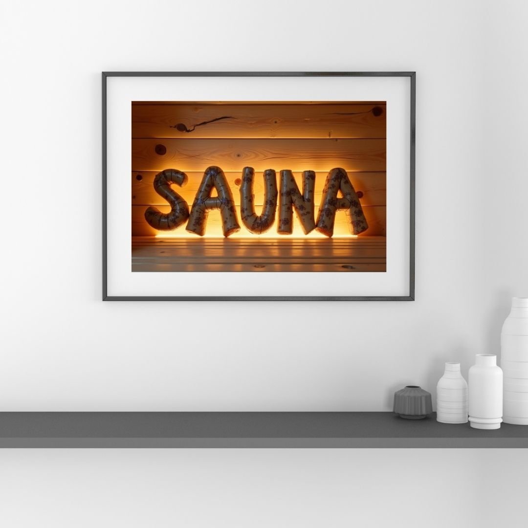 Warm and cozy sauna-themed photo featuring large 3D letters spelling “SAUNA” against a glowing wooden wall. The rustic wood texture and soft amber lighting create a relaxing Nordic atmosphere. Perfect for spa décor, Finnish sauna lovers, or wellness-inspi
