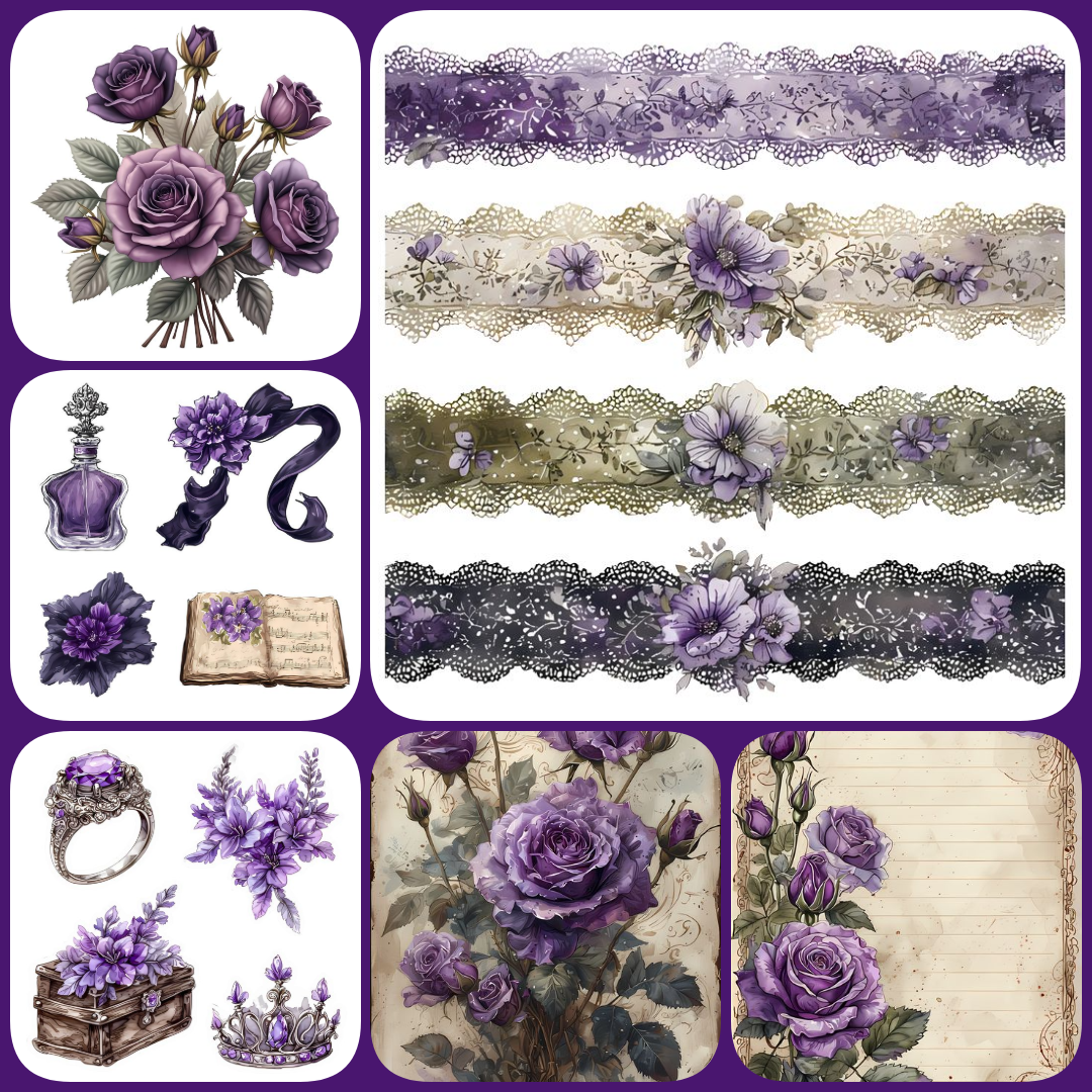 purple clipart, vintage purple, purple stickers, purple fussy cuts, floral clipart, junk journal, scrapbooking paper, vintage stationery, decoupage paper, sublimation PNG, transparent clipart, antique flowers, purple ephemera, high resolution PNG, purple